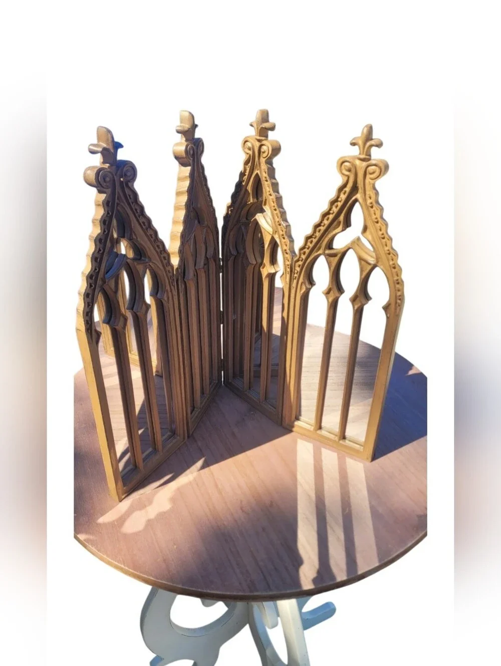 Wooden Gothic Arch Four-Panel Decor Mirror - Brown Cathedral Folding
